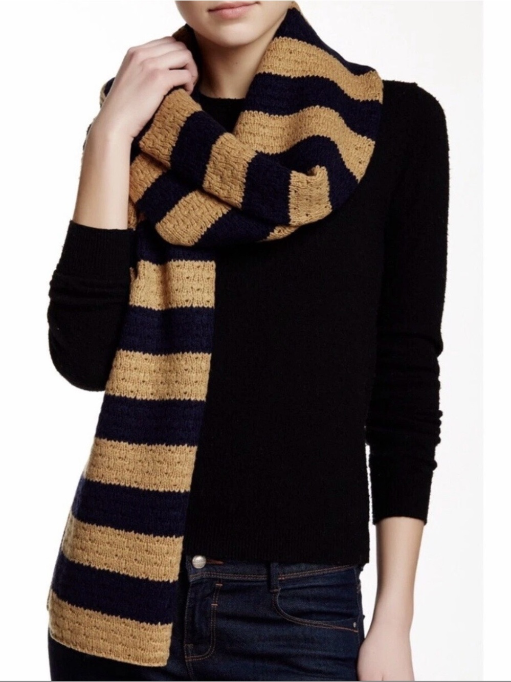 Women’s J.Crew Factory Navy Camel Striped Wool Blend Scarf NWT